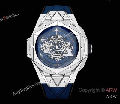 High Quality Replica HUBLOT BIG BANG SANG BLEU II Dark Blue Fluororubber Strap Dark Blue Skeletonized Geometric Face Dial Titanium With Diamond-Set Case Watch 45mm